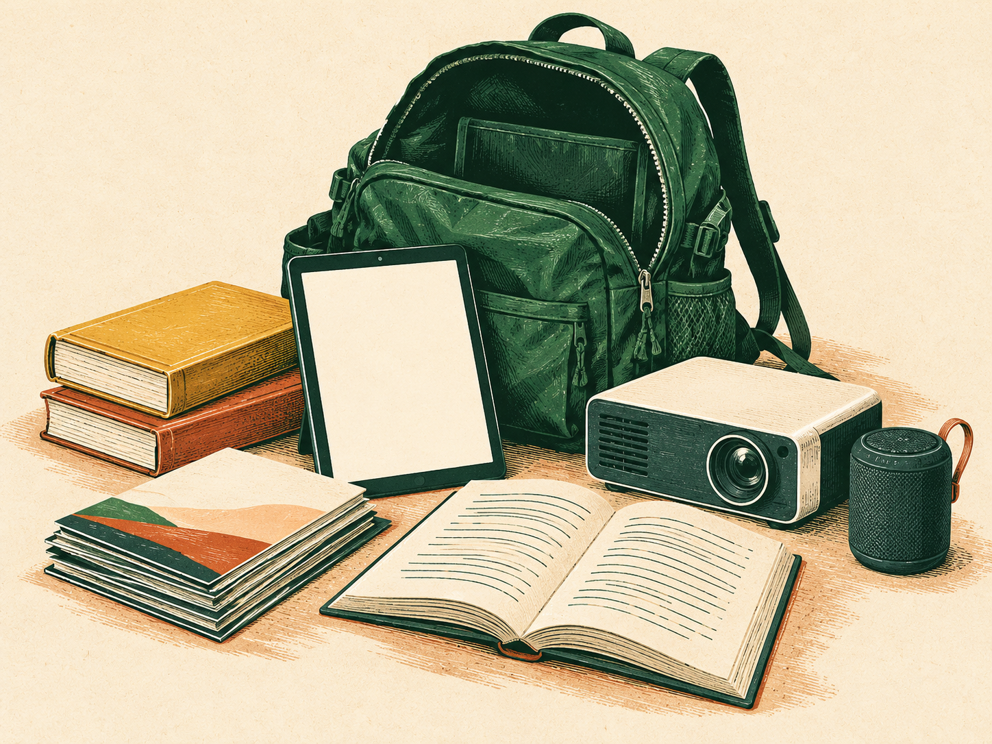 Illustration of a green backpack with a tablet, projector, speaker, and stacks of books
